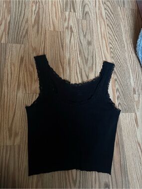 Brandy Melville Black Lace-Trim Ribbed Tank